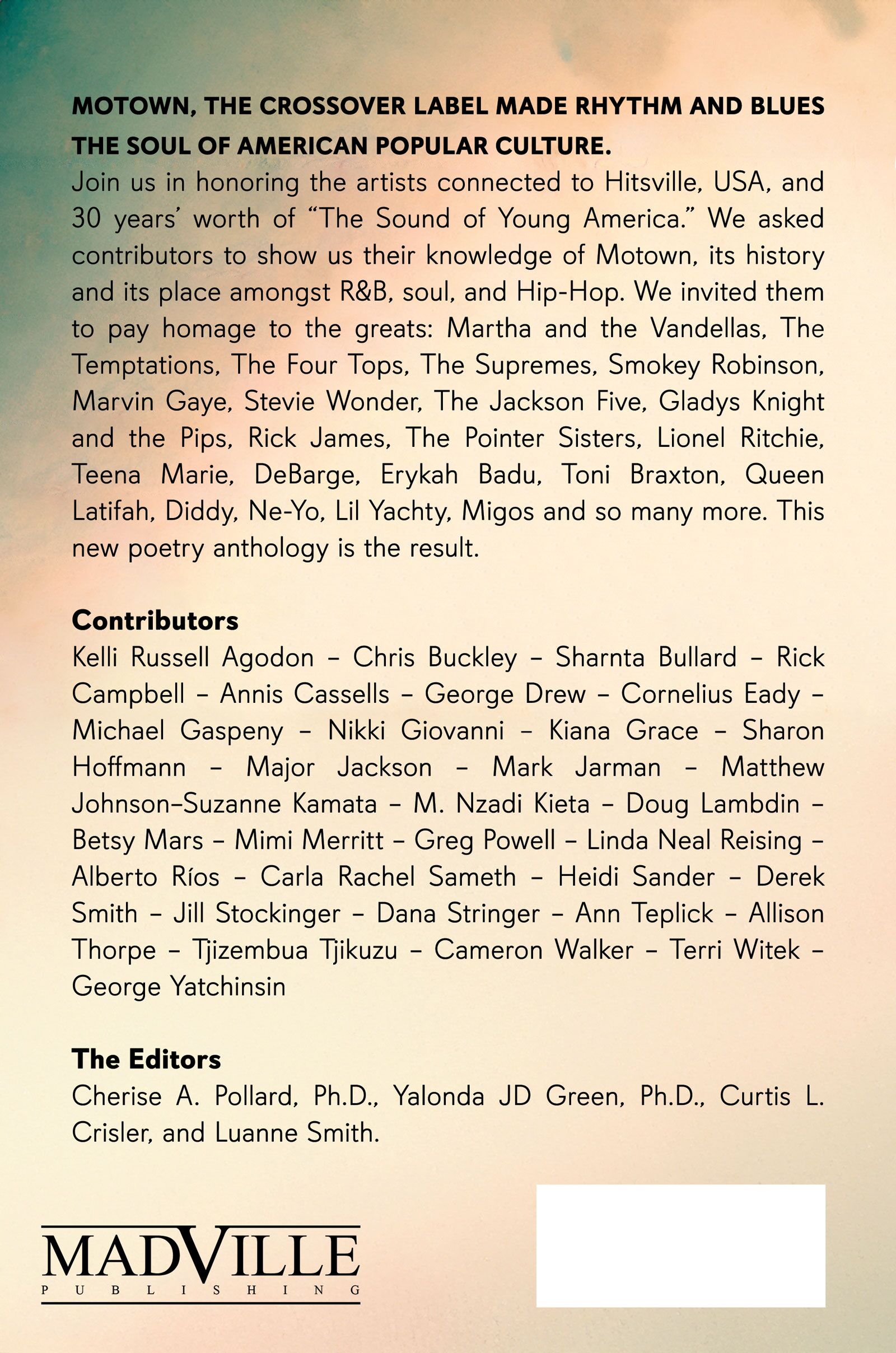 Back cover for Signed, Sealed, Delivered: The Motown Poetry Revue. The text here mirrors what is on the webpage to which this image is attached.