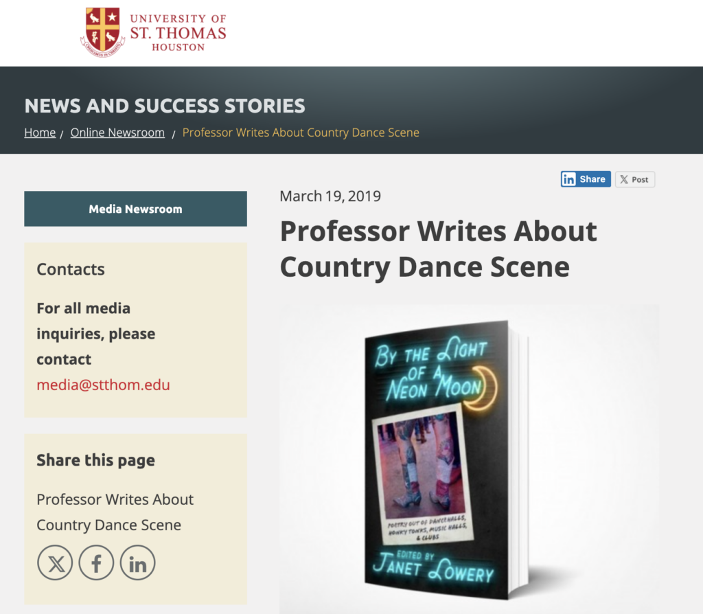 Press about By the Light of a Neon Moon, edited by Janet Lowery. From the University of St. Thomas, Houston. 