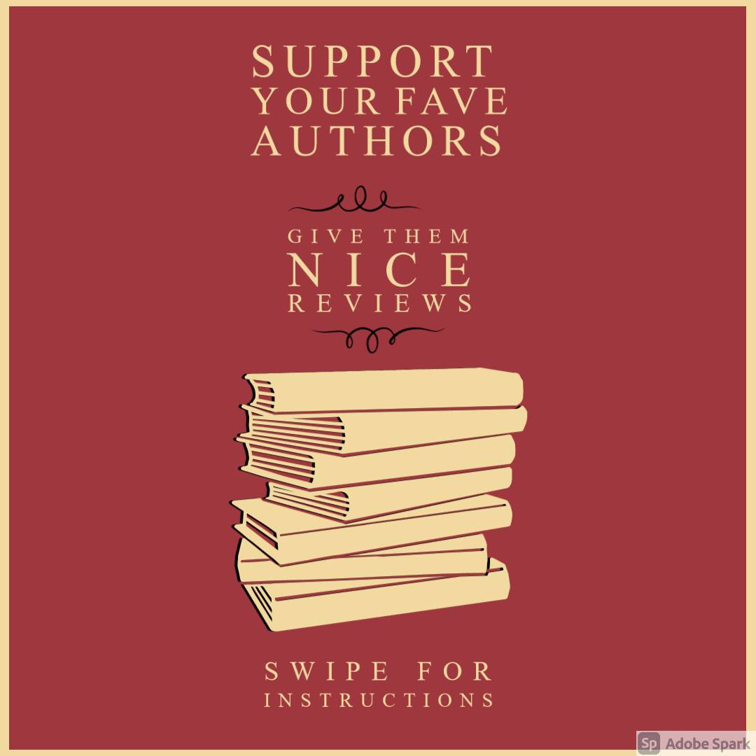 Pale Yellow Lettering and illustrated books stand out on a red background. The text reads: Support Your Fave Authors, Give Them Nice Reviews, Swipe for instructions