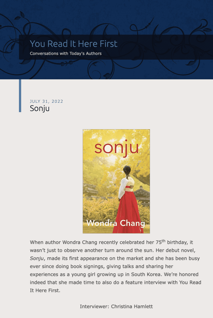 Sonju, an interview with Wondra Chang by Christina Hamlett for You Read It Here First: Conversations with Today’s Authors
