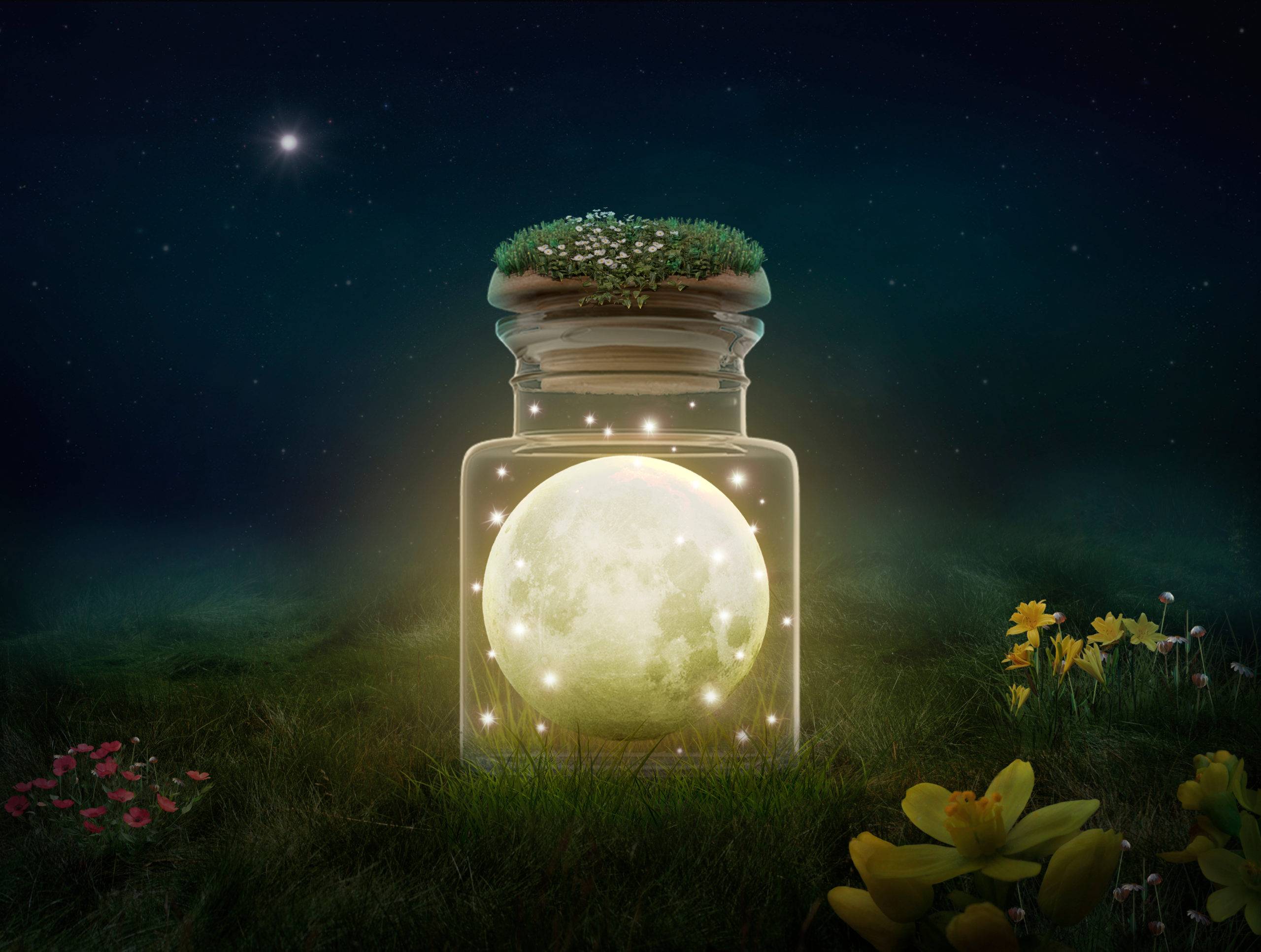 A bright full moon in a jar