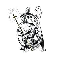 A winged monkey holding a glowing cross by Houston artist, Crowcrumbs. Black and white pen and ink drawing.