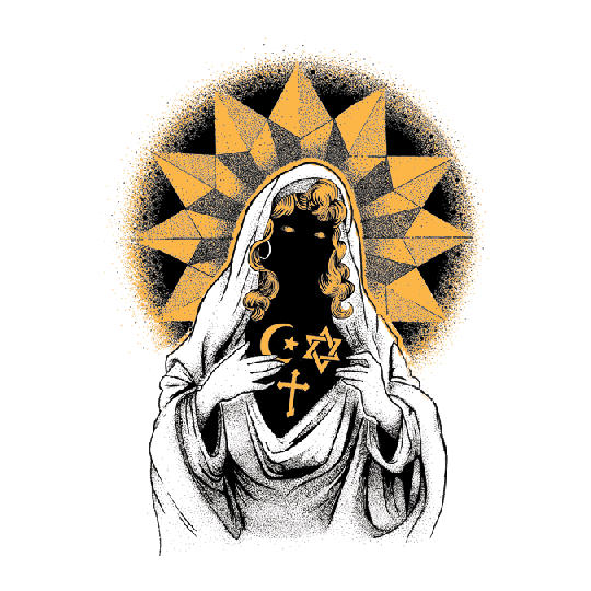 Black madonna with a pulsatig halo exposing her chest to show the symbols of Islam, Judaism, and Christianity on her chest. 