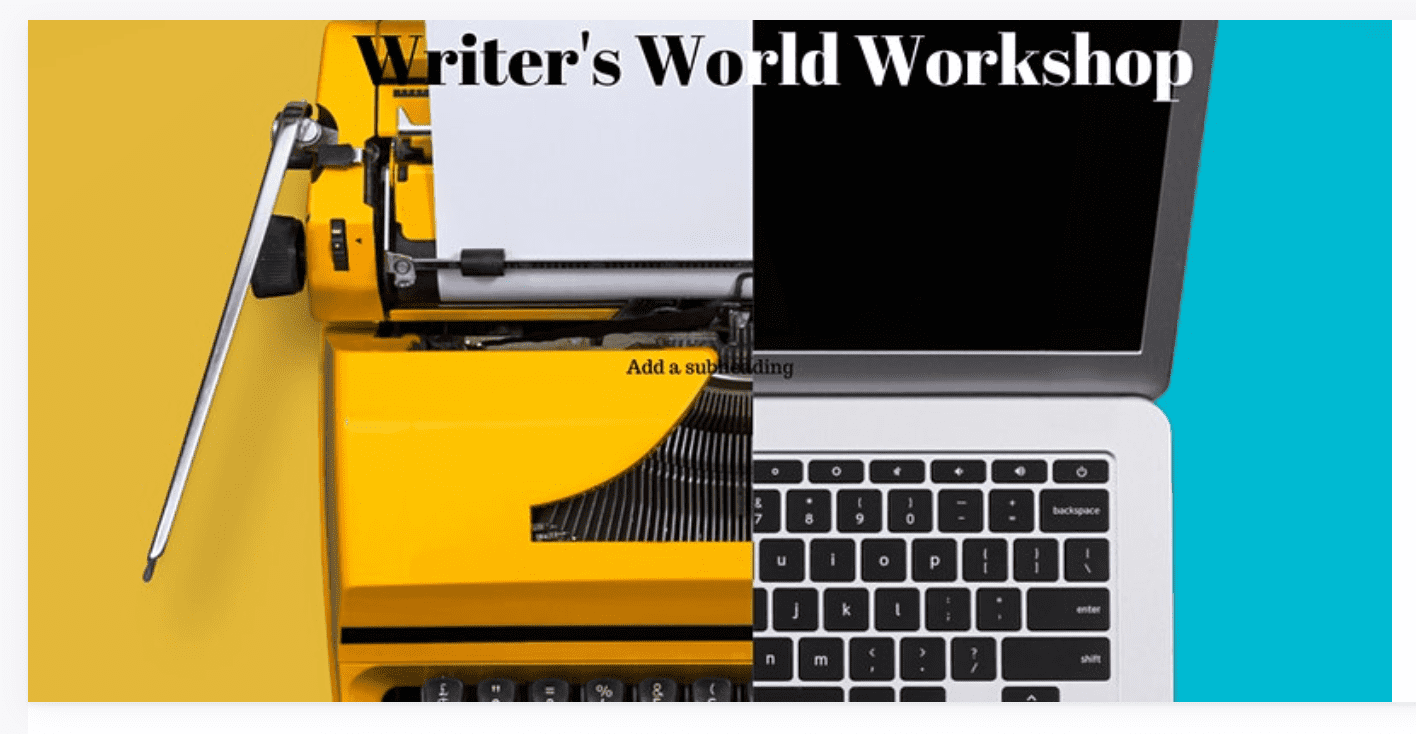 Writers World workshop mini shows a split screen with an old typewriter on the left in yellow, and a laptop on a turquoise background on the right