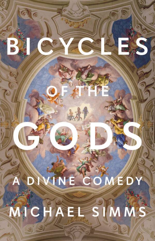 Bicycles of the Gods: A Divine Comedy by Michael Simms. Sihlouettes of three young boys on bicycles are superimposed on a fresco from the Austrian Admont Abbey Library