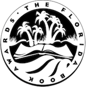 Award medallion, white palm tree silhouettes growing out of an open book floating on a black sea against a black sky with the black words in a white circle around the outside, THE FLORIDA BOOK AWARDS