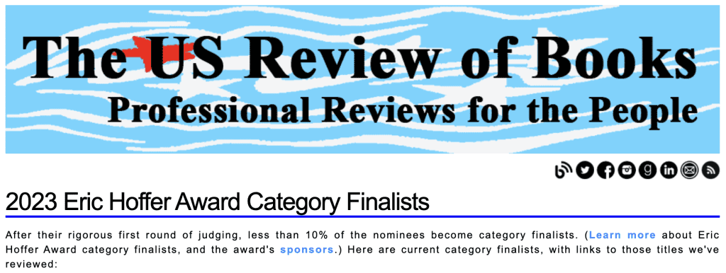 Header from The US Review of books. Professional Reviews for the People. 2023 Eric Hoffer Award Finalists.