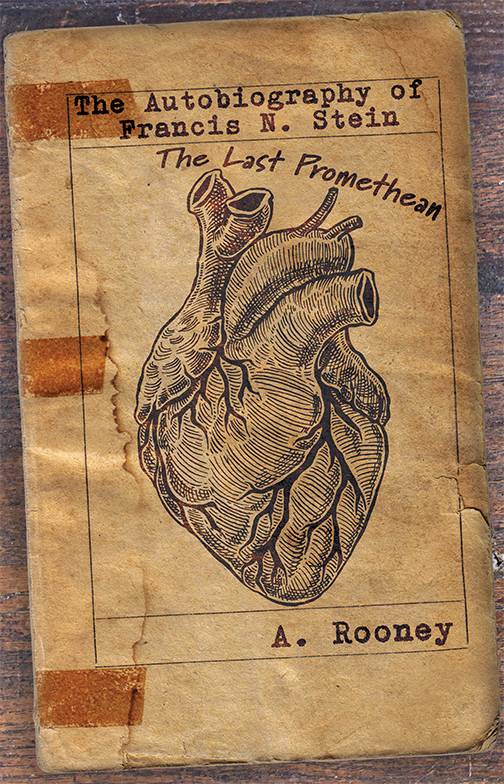 The Autobiography of Francis N. Stein by A. Rooney. What appears to be a weathered journal with a medically accurate drawing of a human hard stamped on the cover.