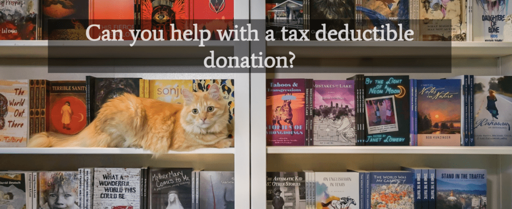 A fluffy orange cat on a bookshelf filled with books produced by Madville Publishing asks "Can you help with a tax deductible donation?"