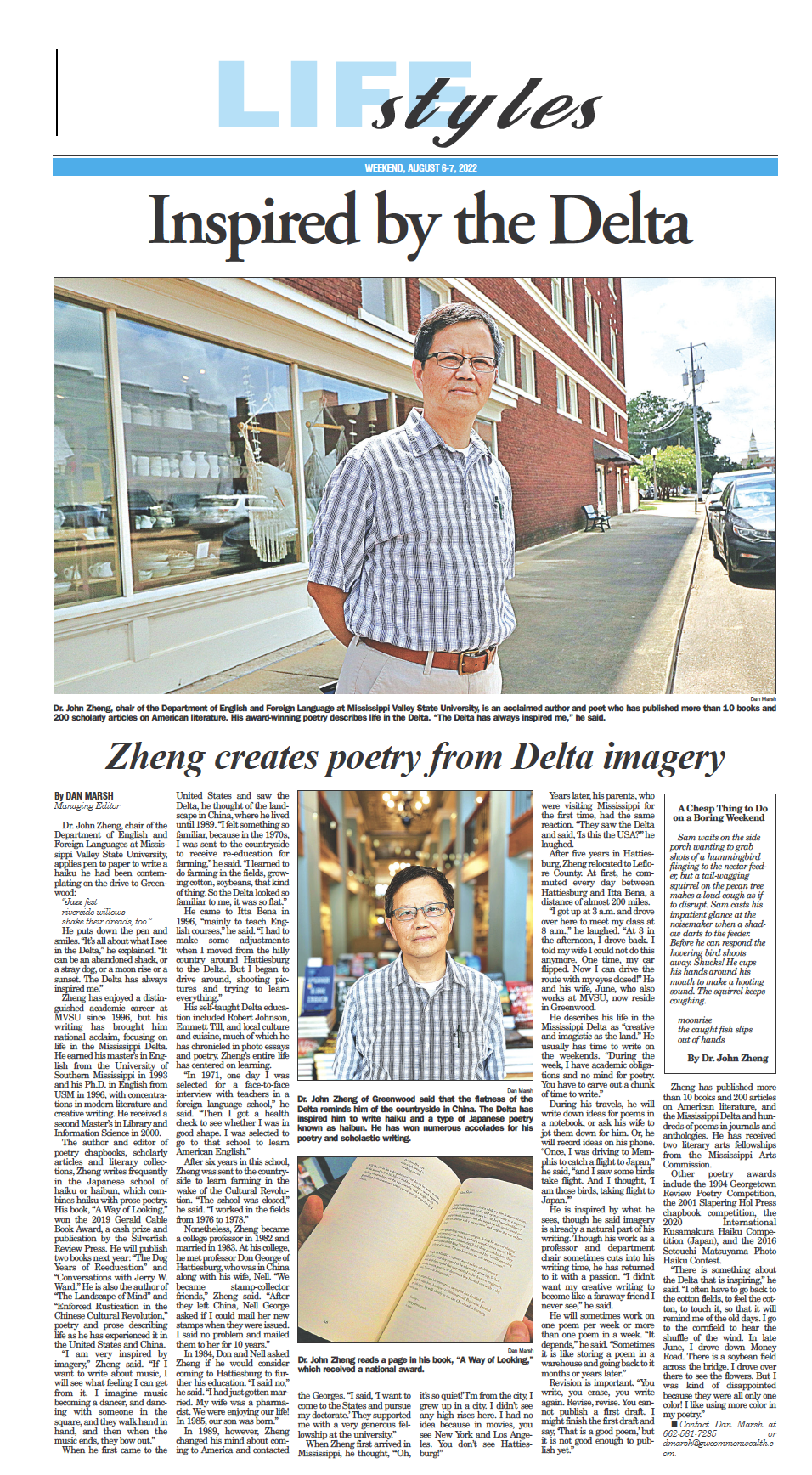 An Interview of author Jianqing Zheng for Lifestyles, entitled "Inspired by the Delta." Screen capture of article shows Zheng in a blue and white plaid shirt standing on a Mississippi street. He is an Asian man with glasses of middle age. His face is round and pleasant. 