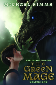 The Green Mage front cover. Novel by Michael Simms, volume 1 in the Talon Trilogy. Original cover art by Andrew Dunn shows a pixie-like woman with pointed ears standing nose-to-nose with a fearsome looking dragon.