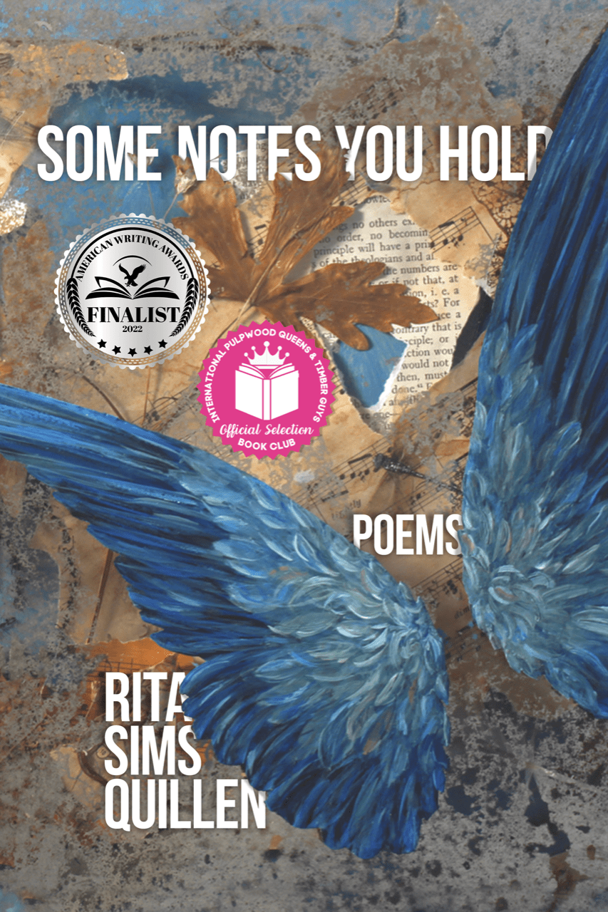 Front cover of Some Notes You Hold: Poems by Rita Simms Quillen. Cover art "Layers (Blue Wings) by Suzanne Stryk shows blue bird wings layered over newspaper clippings and dry leaves. Two awards are on the cover, a silver one and a pink one