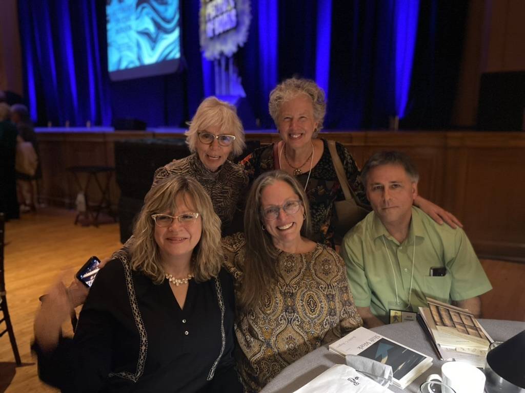 At the sponsors dinner during the Southern Festival of books 2022. At back are Linda Parsons and Pauletta Hansel, and seated are Susan O'Dell Underwood, Kim Davis, and Jeff Hardin. All are glowing.