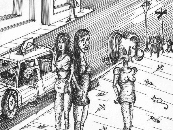 an illustration by Charles Moody of prostitutes working their beat for Randall Watson's graphic novel, NO EVIL IS WIDE