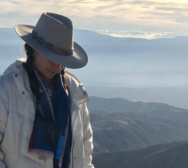 karla k. morton, poet and author of TURBULENCE & FLUIDS, in silhouette, with a hat obscuring her face, but a huge vista of mountains and clouds extending into the distance behind her.