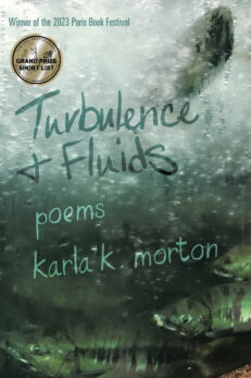 The cover of karla k. morton's Turbulence & Fluids: poems shows salmon behind frosted glass. Their eyes teeth flash out of the gloom of turbulent, bubbling water. The text is as if written on wet glass. The cover shows two awards. Winner of the Paris Book Festival and Grand Prize Short List for the Eric Hoffer Prize.