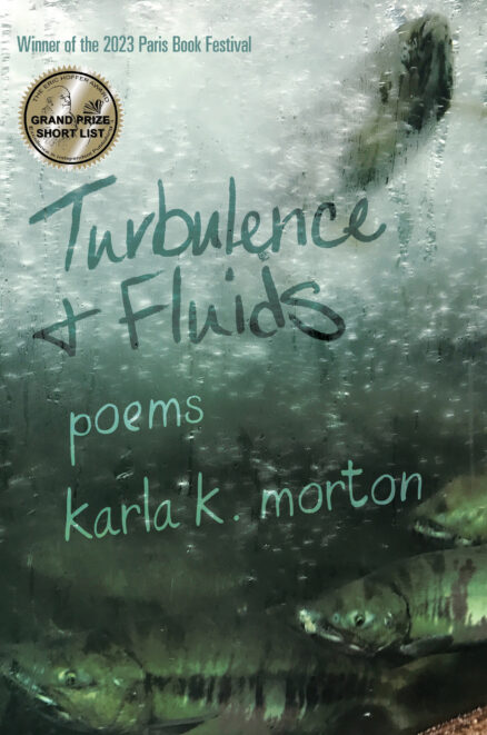 The cover of karla k. morton's Turbulence & Fluids: poems shows salmon behind frosted glass. Their eyes teeth flash out of the gloom of turbulent, bubbling water. The text is as if written on wet glass. The cover shows two awards. Winner of the Paris Book Festival and Grand Prize Short List for the Eric Hoffer Prize.