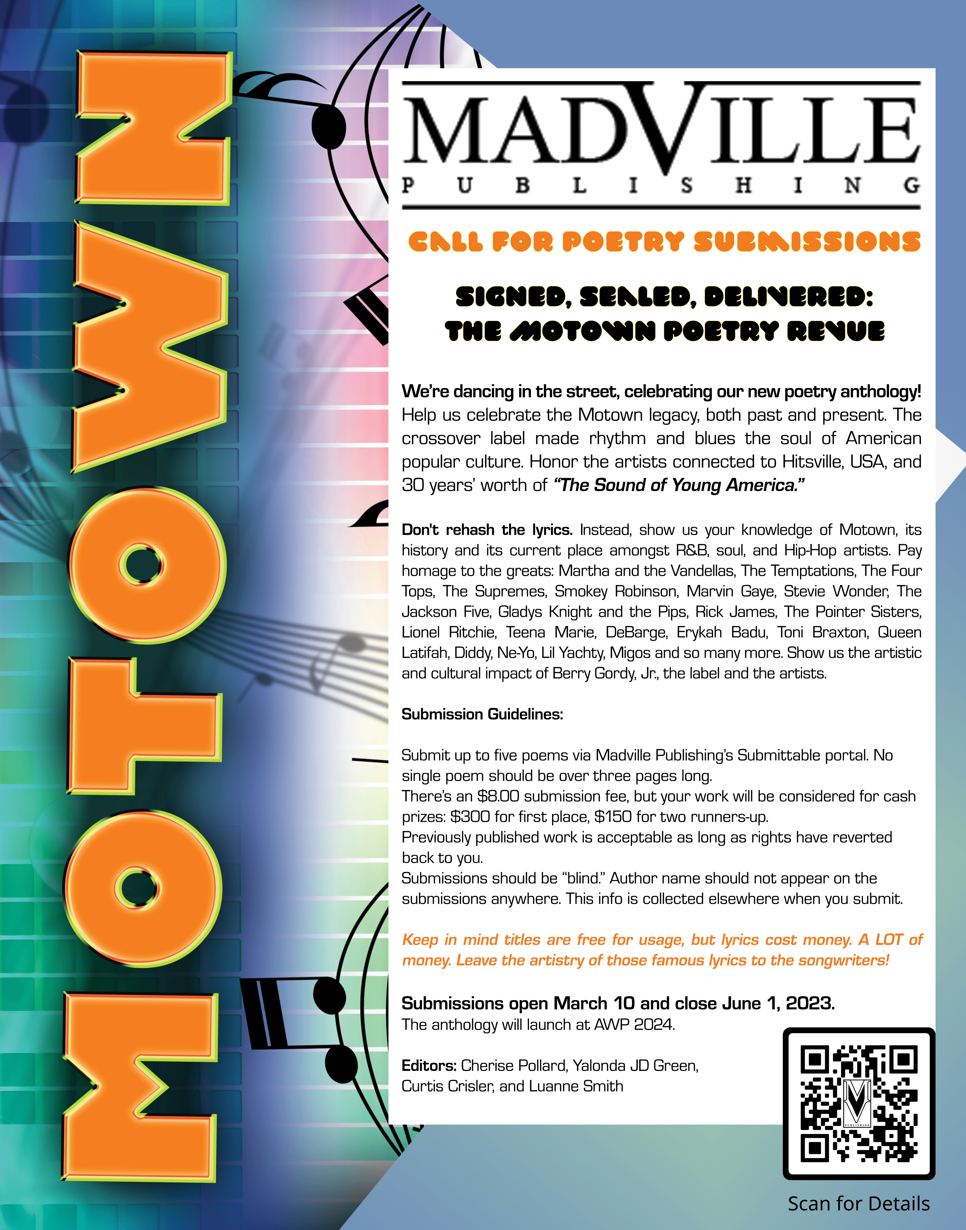 Signed, Sealed, Delivered: The Motown Poetry Review, call for submissions by Madville Publishing. Flyer shows a brightly colored background with the word MOTOWN IN BRIGHT ORANGE with a QR code at bottom right that leads to the submissions page for more information