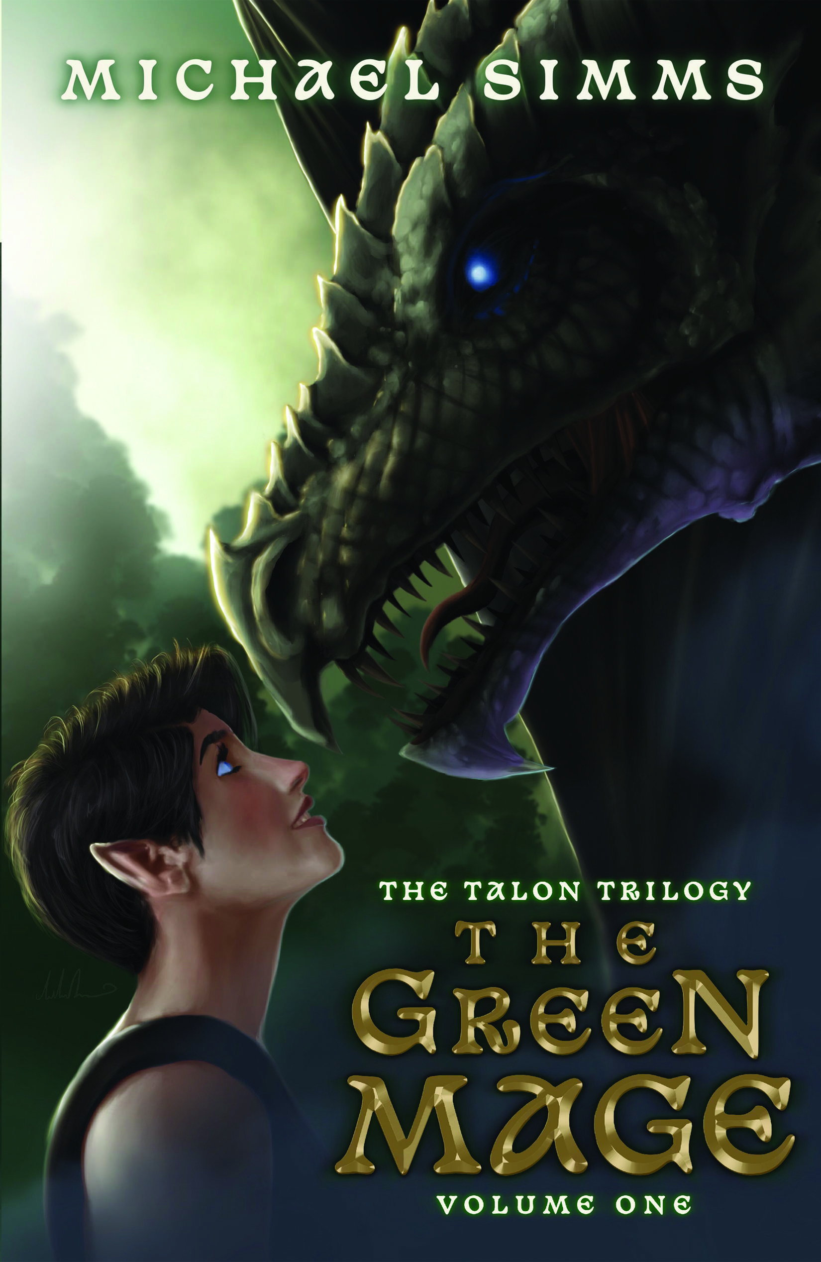 The Green Mage first book in the Talon Trilogy by Michael Simms with cover art by Andrew Dunn. Cover shows a young woman with short hair going nose to nose with a fierce-looking dragon. 