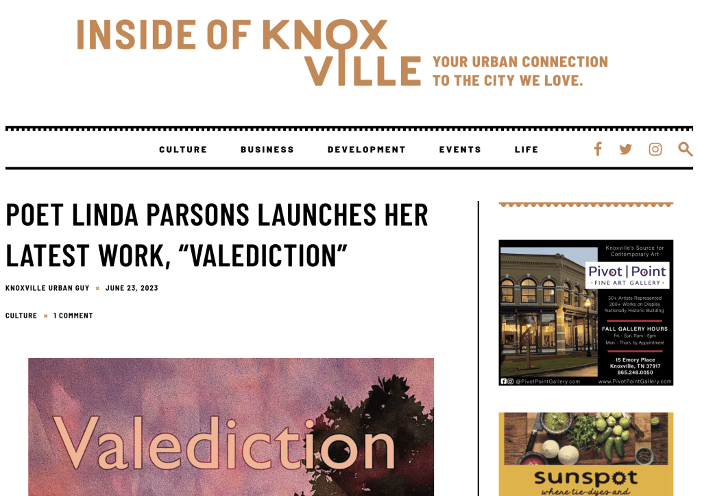 Inside of Knoxville. Screencapture from their website regarding Linda Parsons' booklaunch for her new poetry and prose collection, Valediction.