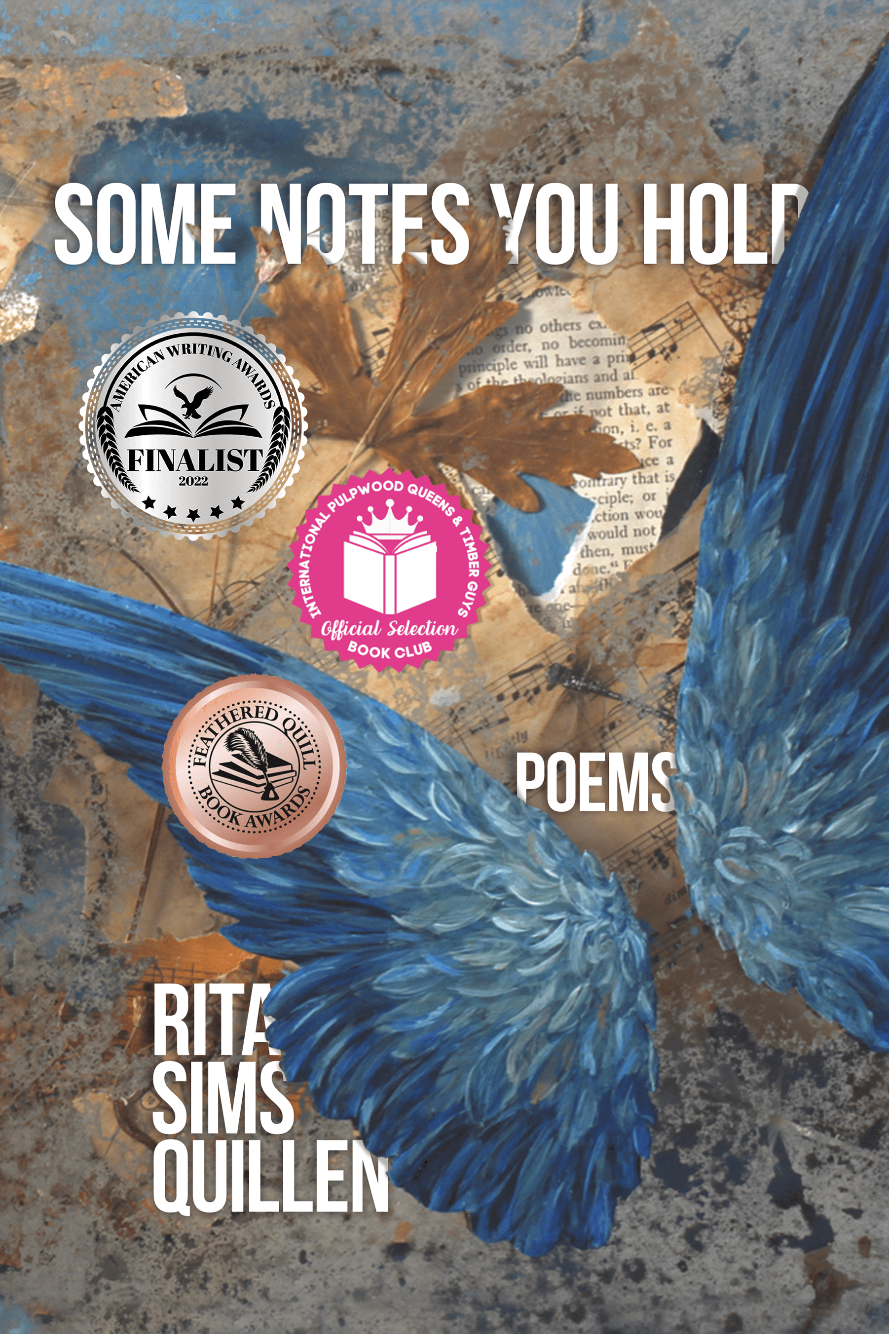 Some Notes You Hold: Poems by Rita Sims Quillen shows three awards superimposed over a cover painting by Suzanne Stryk with blue bird wings, dry brown leaves, and newspaper in a collage.