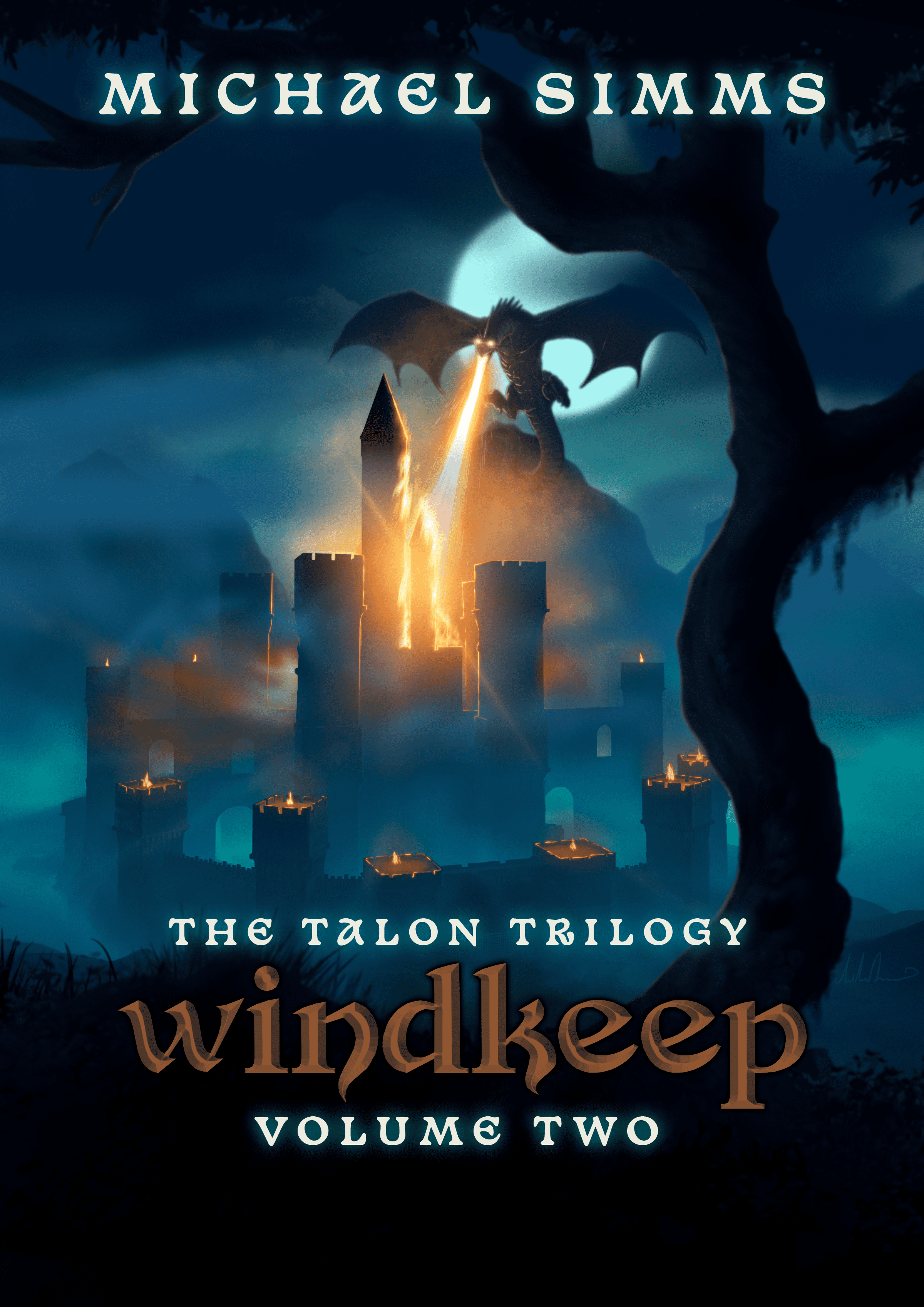 Windkeep by Michael Simms, book two in the Talon Trilogy. Coming January 2024. Cover art by Andrew Dunn shows a flying dragon setting fire to a castle.