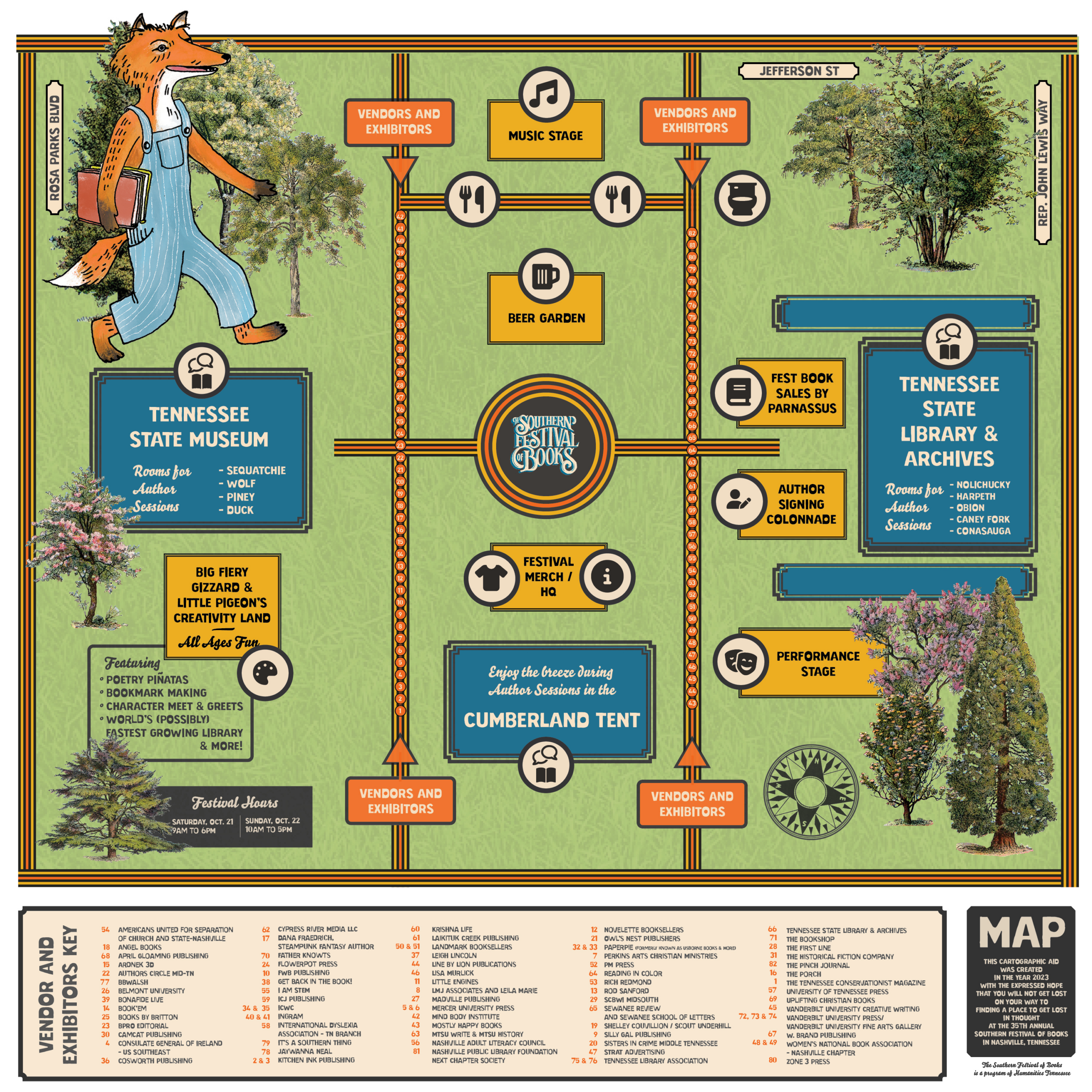 Map for the 2023 Southern Festival of Books in Nashville, Tennessee