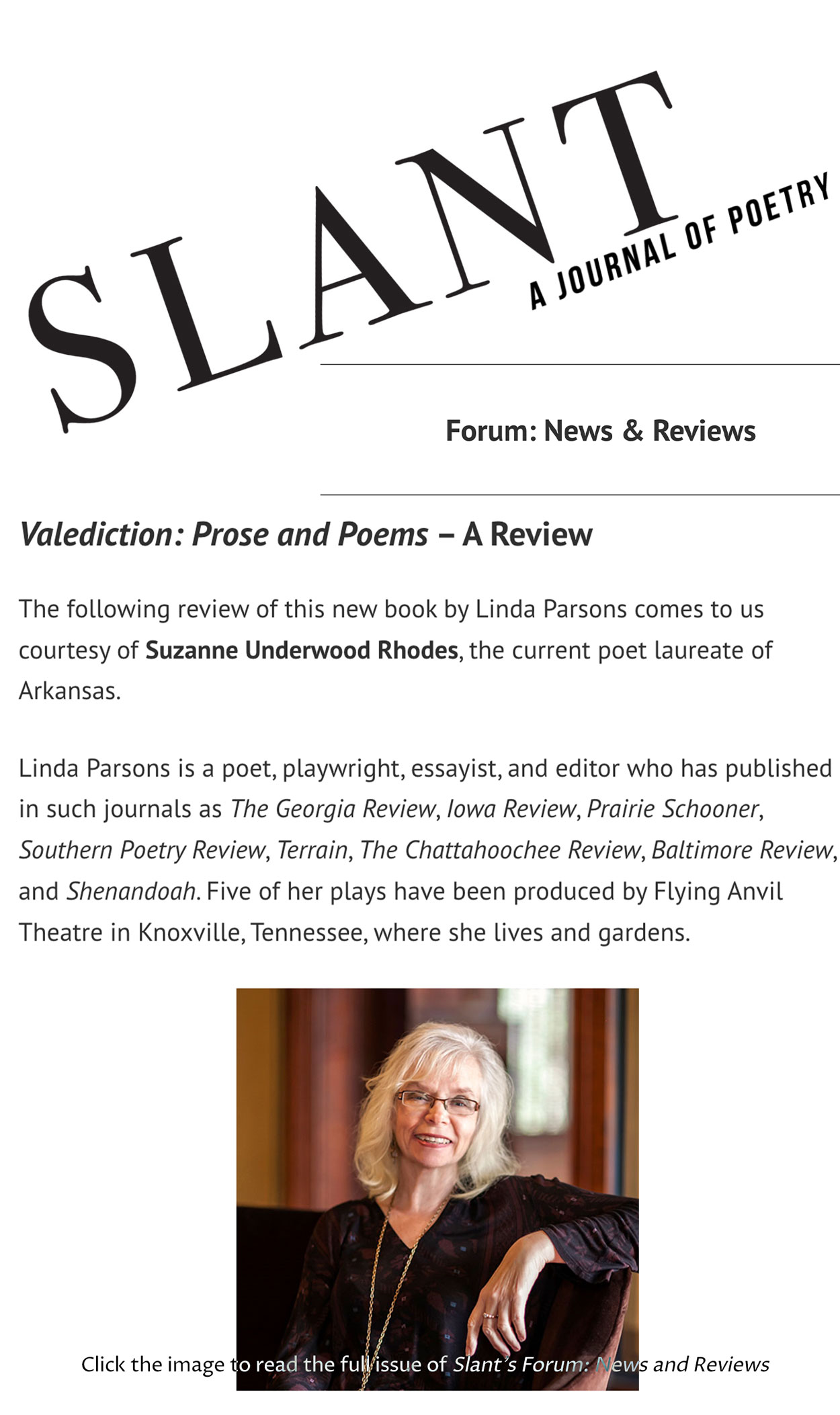 The issue of Slant in which Linda Parsons' review appears.
