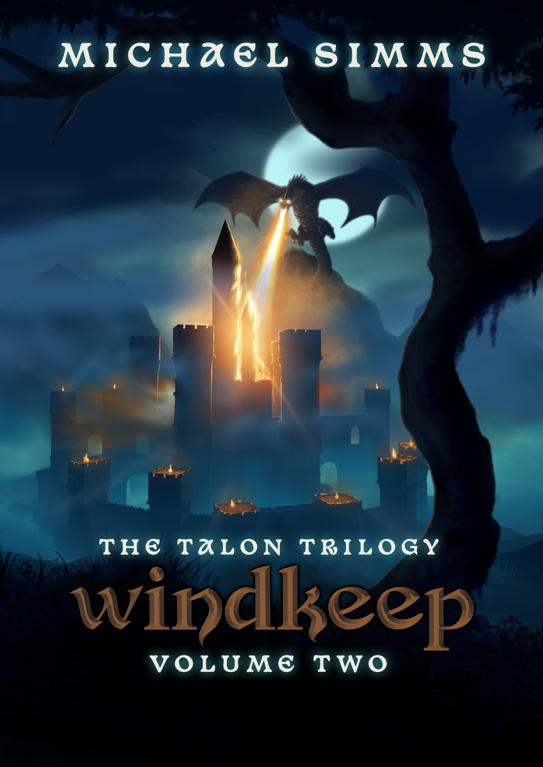 Michael Simms The Talon Trilogy, Windkeep, Volume Two. The image shows a dark blue and black background with the sihlouette of a castle, fires burning on its turrets, being attached by an enormous fire-breathing dragon, also in sihlouette in front of a full moon.