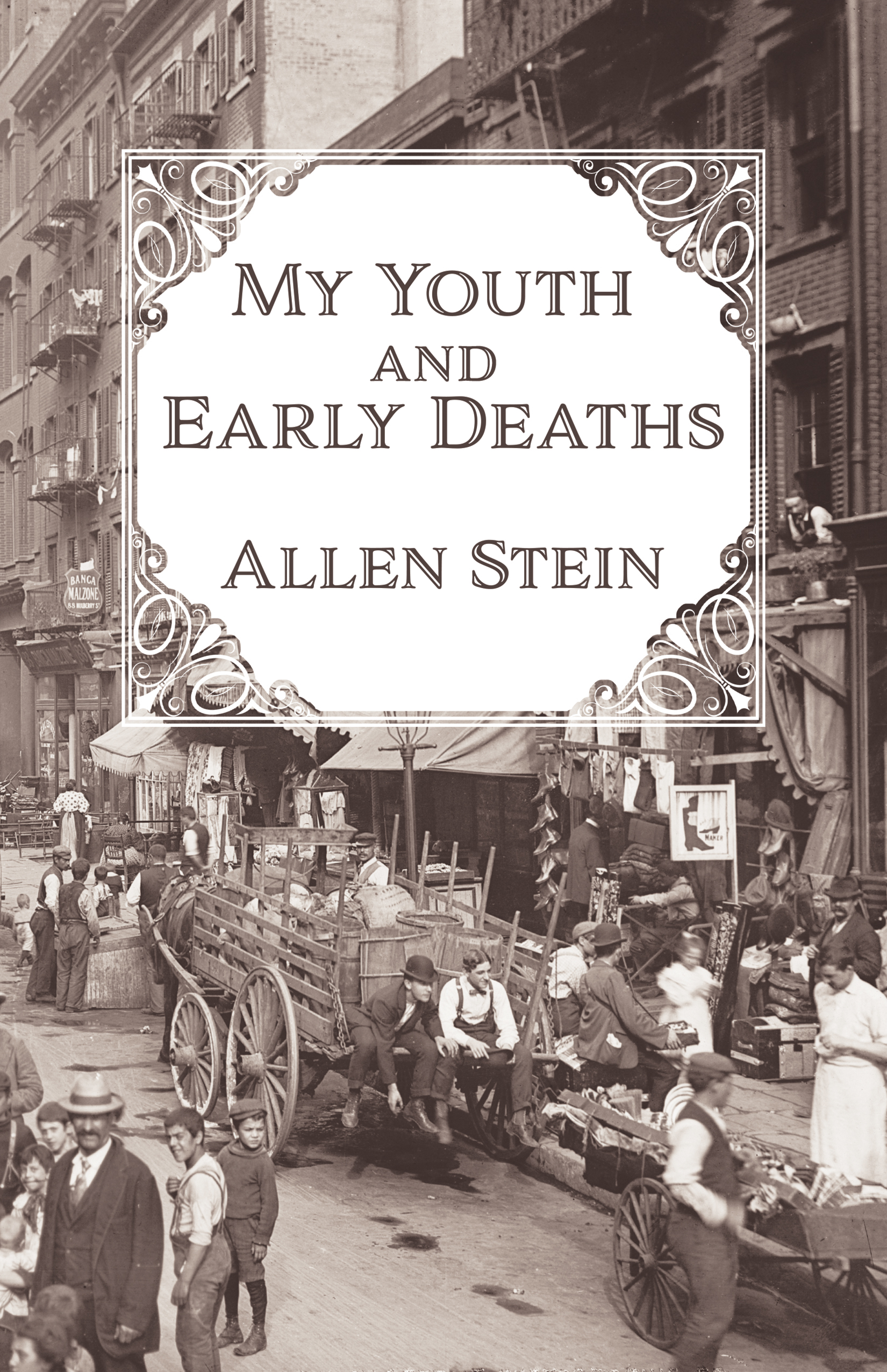 Front cover of My Youth and Early Deaths by Allen Stein. Text is on what appears to be a handkerchief with crocheted lace corners. Thhe background image is from Mulberry Street in about 1900. It&#039;s sepia toned.