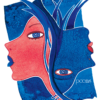 Cover for Amanda Chimera by Mary B. Moore. At the very top, above the title which appears in blue on a white background, in red and smaller it says Winner of the 2023 Arthur Smith Poetry Prize. The central image shows a red-faced woman with blue lips facing left, and a mirror image, blue with red lips and upside down. It's like a playing card. Mary B. Moore appears in blue at the bottom.