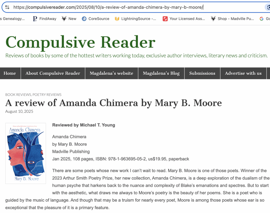 Screen capture showing a review by Michael T. Young that appeared in the Compulsive Reader August 10, 2024. Click the image to read the full review. https://compulsivereader.com/2025/08/10/a-review-of-amanda-chimera-by-mary-b-moore/