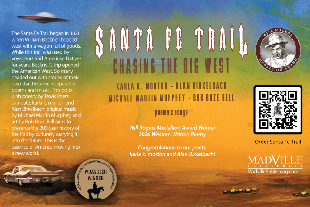Graphic with elements of the book cover, the two award madallions, and a congratulations message to karla and alan as the poets winning the award.