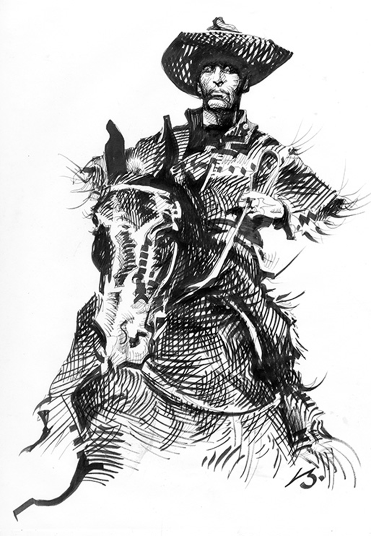 pen and ink drawing of a rider on a horse from the shoulders up. The rider wears a windblown hat and has fringes on his ponch like a vaquero type of cowboy.