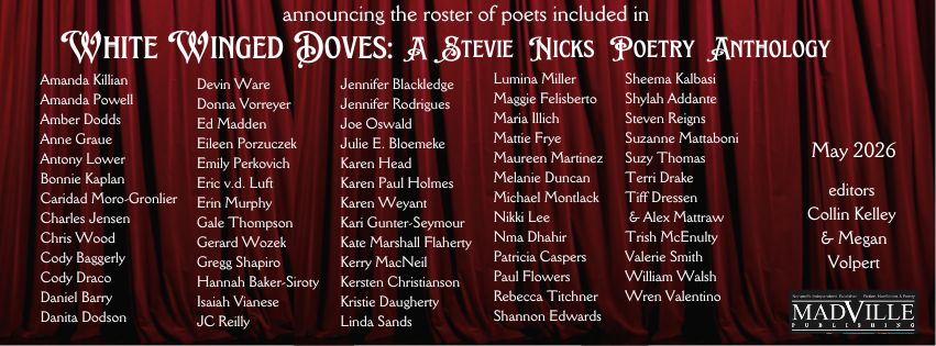 announcing the roster of poets included in WHITE WINGED DOVES: A STEVIE NICKS POETRY ANTHOLOGY. The list of names included in the caption. Book comes out May 2026. Editors Collin Kelley & Megan Volpert