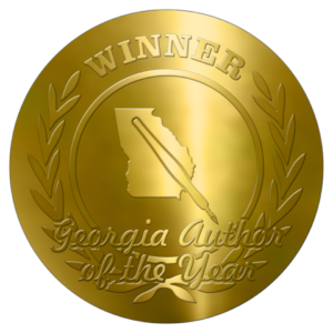 Georgia Author of the Year - gold seal with an embossed quill pen and the words Winner Georgia Author of the Year