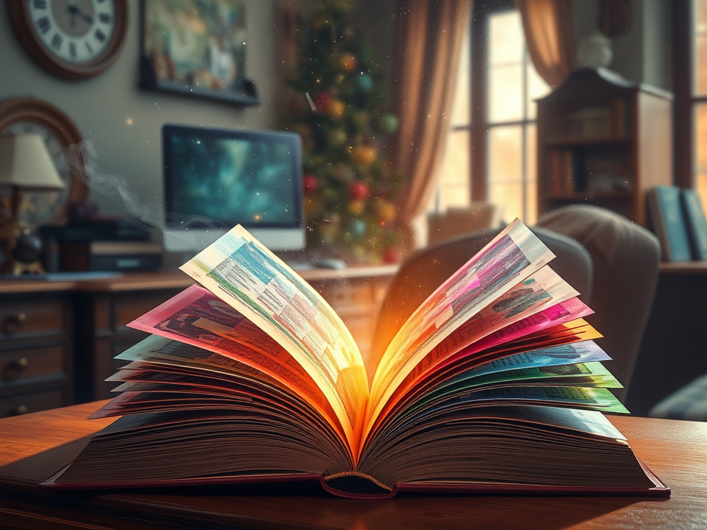 The Madville catalog is represented by an open book with glowing colorful pages lying open. The background is blurry with a curtained window, a flat-screen TV, and possibly even a Christmas tree in the corner.
