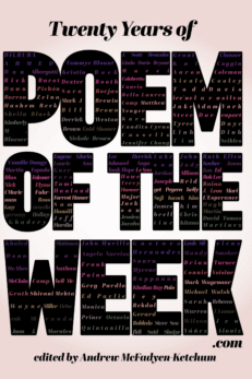 Twenty Years of Poem of the Week edited by Andrew McFadyen-Ketchum front cover. Pale pink background features giant block letters that reveal contributor names in a mix of fonts and colors.