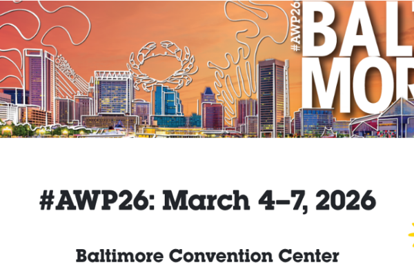 Banner for AWP26, March 4-7, 2026 picture of a styled city skyline with the word Baltimore over it in white text.