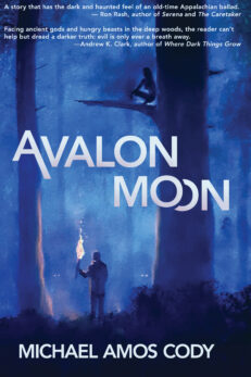 Background image is a painting in shades of blue and black. In the painting a man stands below a bough of a tall tree in a dark forest. He holds a torch. Above him, a woman perches on a branch. She appears to be naked.