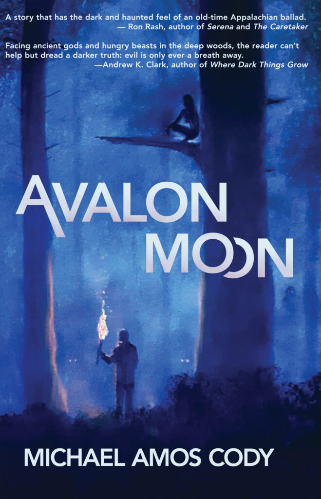 Background image is a painting in shades of blue and black. In the painting a man stands below a bough of a tall tree in a dark forest. He holds a torch. Above him, a woman perches on a branch. She appears to be naked.