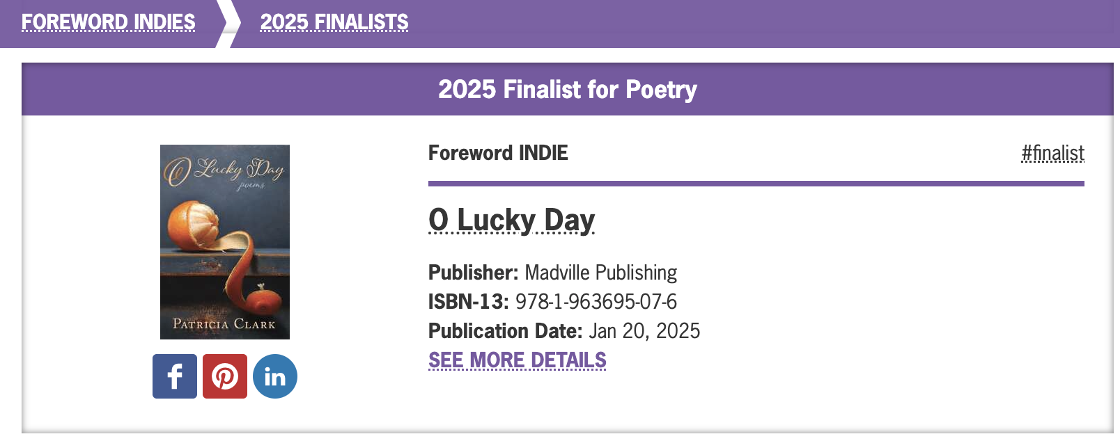 Screen capture from The Foreword Indies Awards page showing that Patricia Clark's O Lucky Day is a finalist in the poetry category