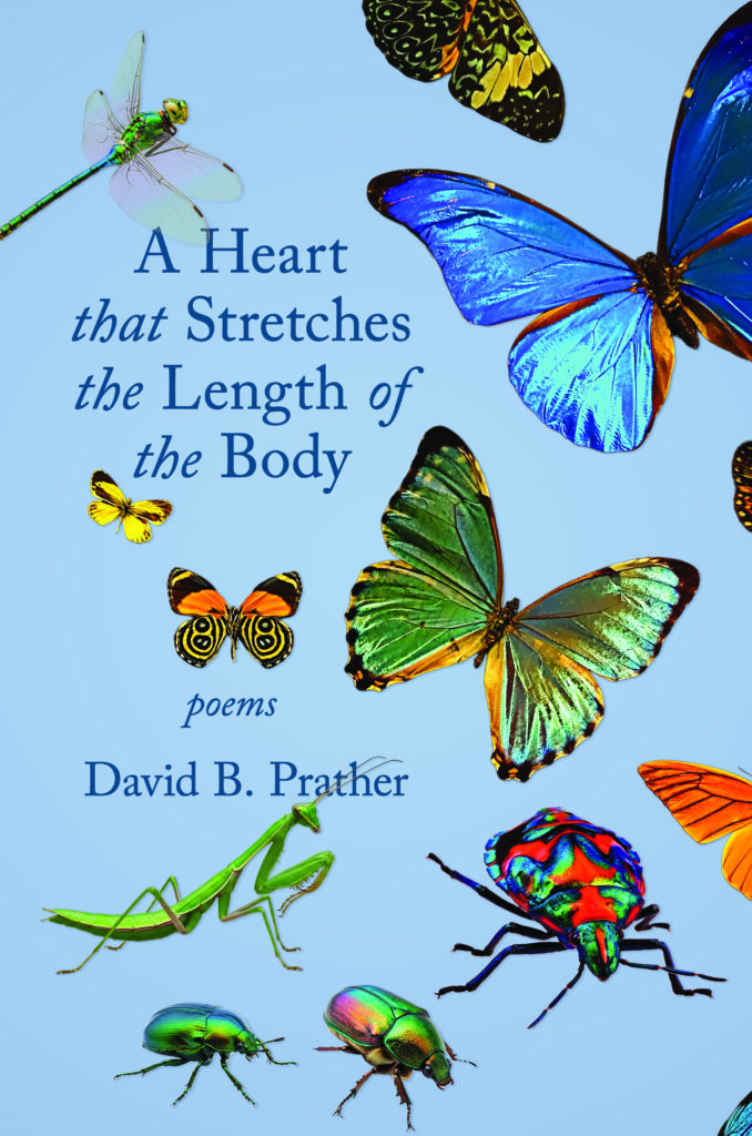 The cover for A HEART THAT STRETCHES THE LENGTH OF THE BODY: POEMS by David B. Prather. a collection of colorful insects on a pale blue background with darker blue text.