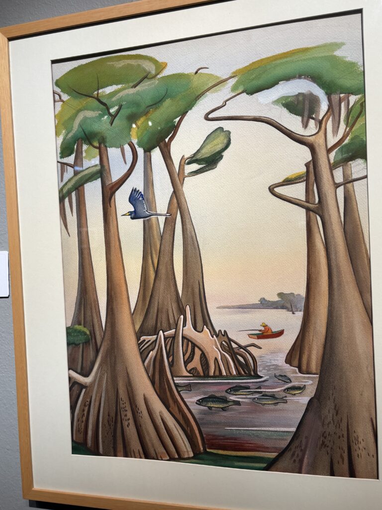 painting by Dan Brown showing cypress trees at Caddo Lake