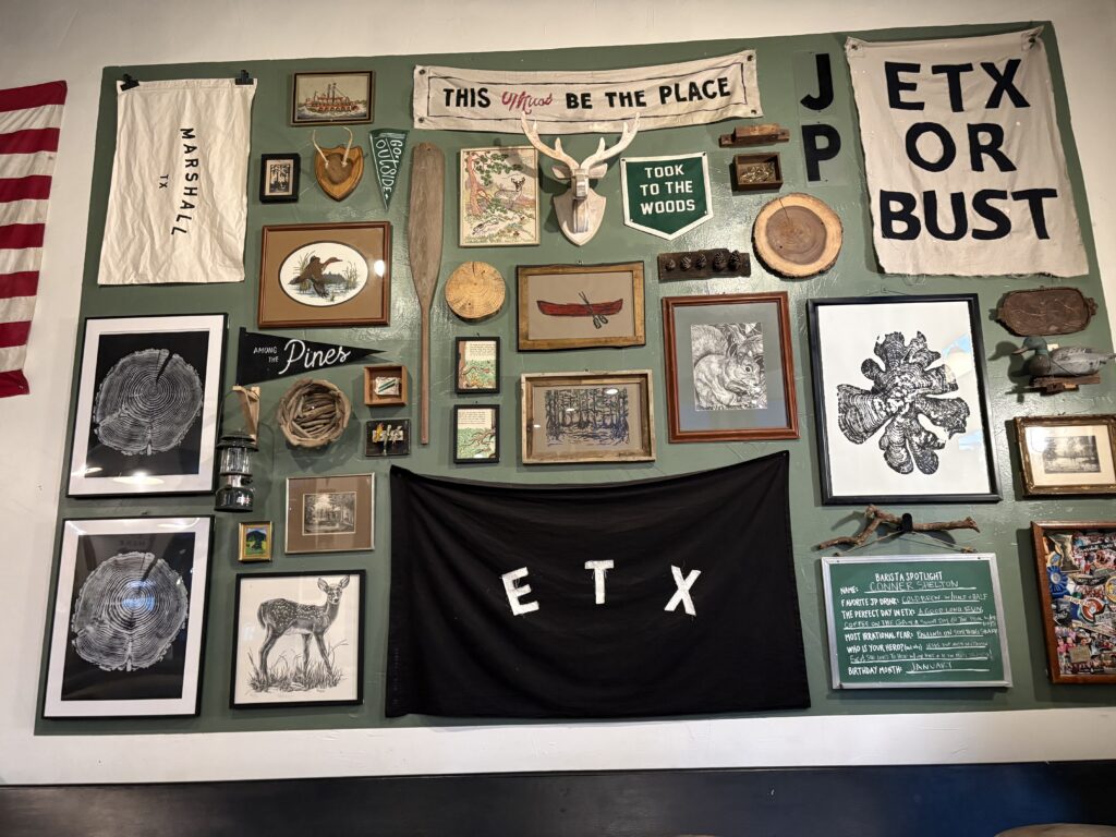 A collection of memorabelia at the Joe Pine Coffee Shop. Great coffee!