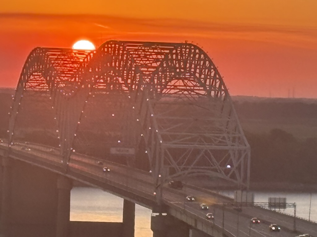 Sunset at the bridge crossing the Mississippi River from Tennessee into Arkansas. 