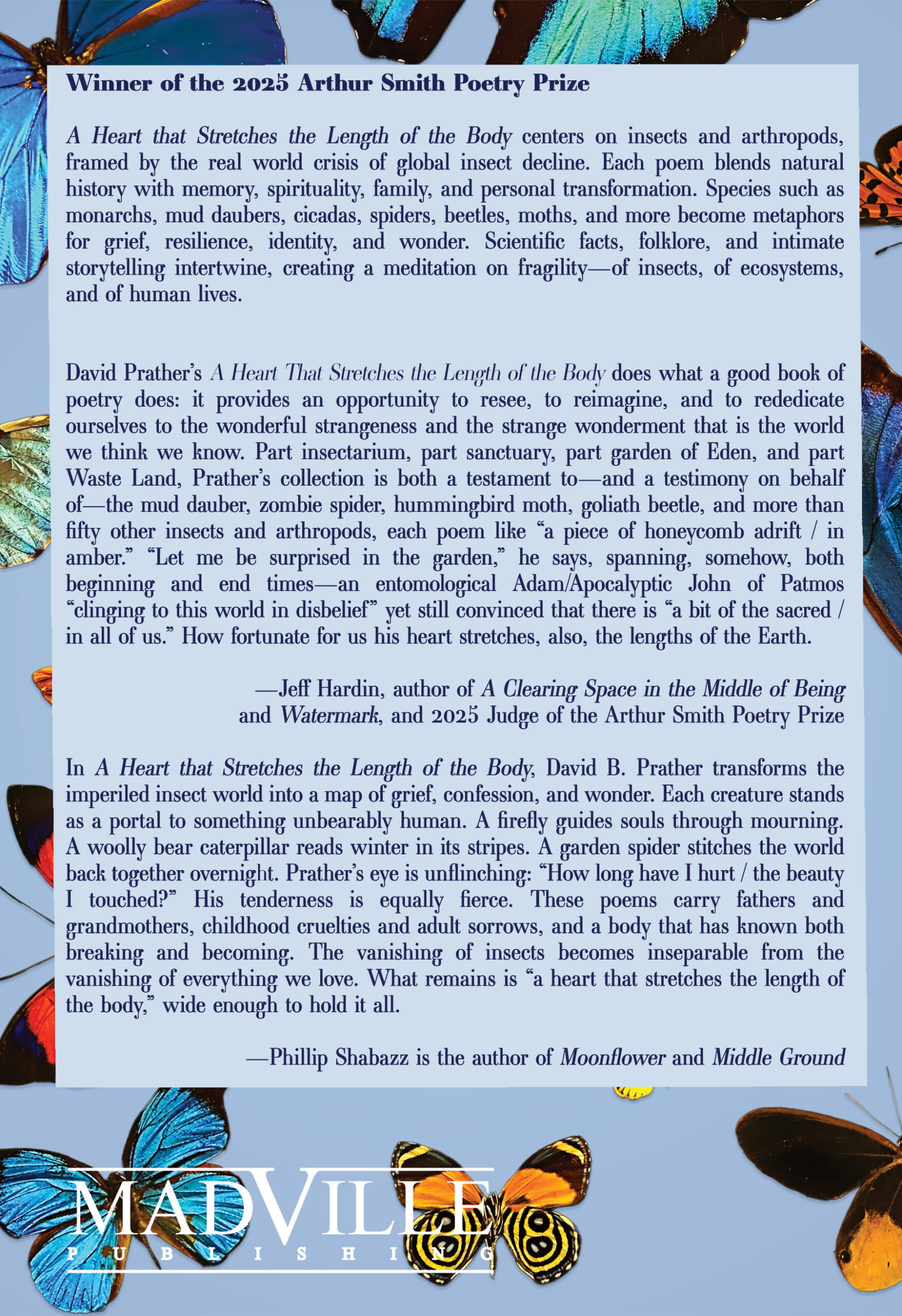 Back cover of A Heart That Stretches the Length of the Body. pale blue background with blurbs that match the text on this webpage.