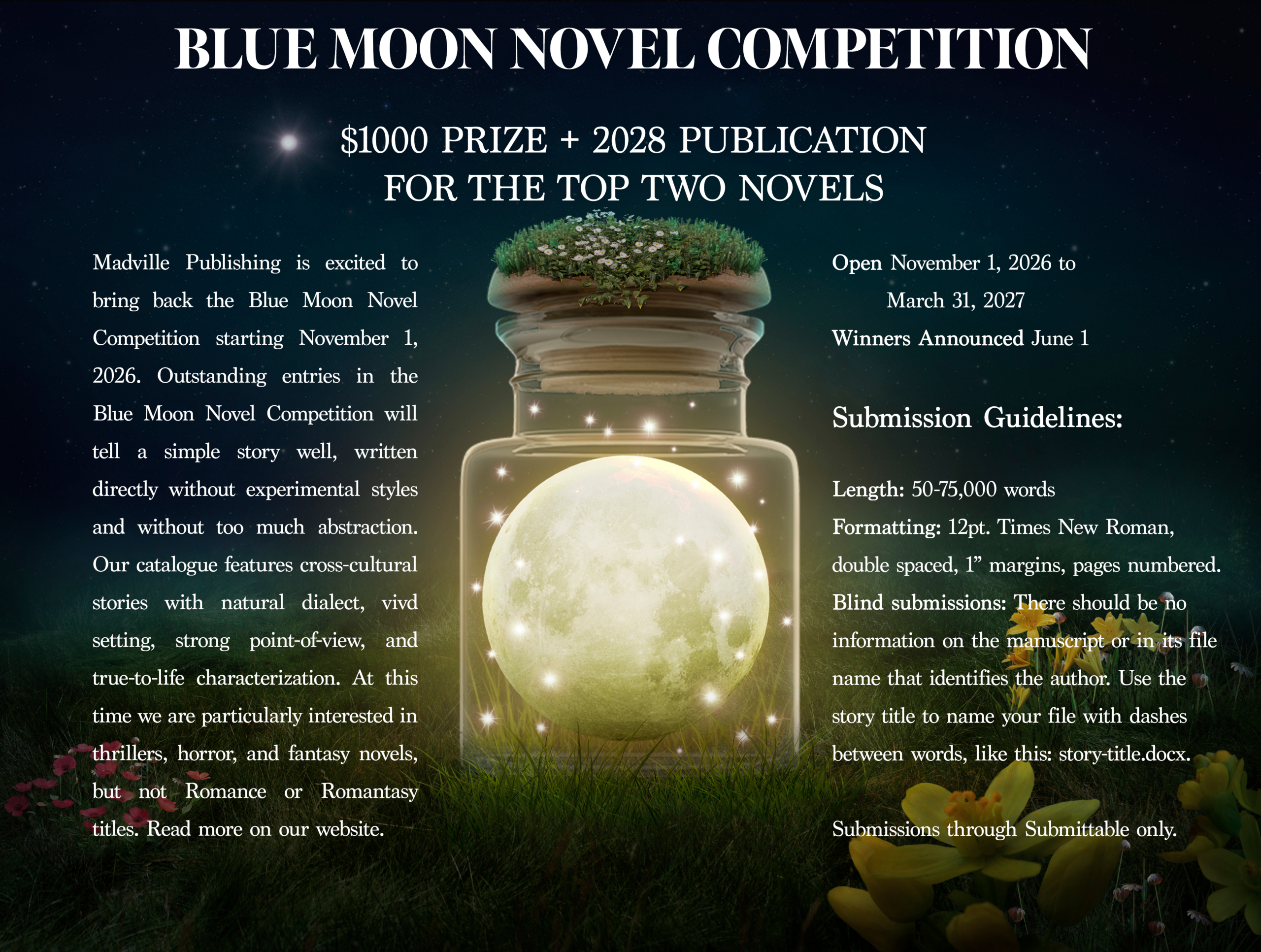 Madville Blue Moon Novel Competition poster that shows a full. moon captured in a bottle. There is white text around the sides that is exactly the same as the text below on this webpage.