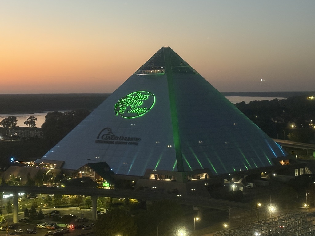View from downtown Memphis Marriott. This giant glass pyramid greets you as you arrive in Tennessee. Memphis, to be precise.