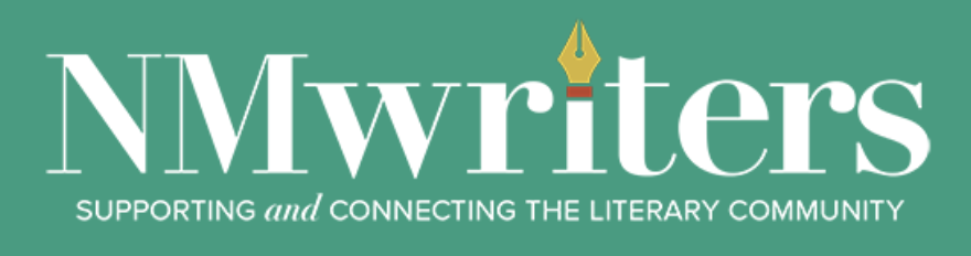 Logo. New Mexico Writers, Supporting and connecting the literary community. White text on a green background. The "I" uses a pen nib for the dot.